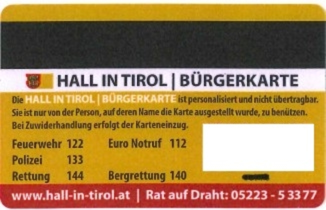 Bürgerkarte Hall in Tirol im Scheckkartenformat Rückseite