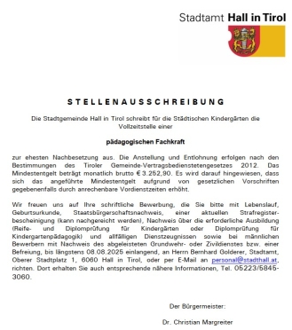 Pädagogische Fachkraft (Vollzeit) für Städtische Kindergärten in Hall in Tirol gesucht